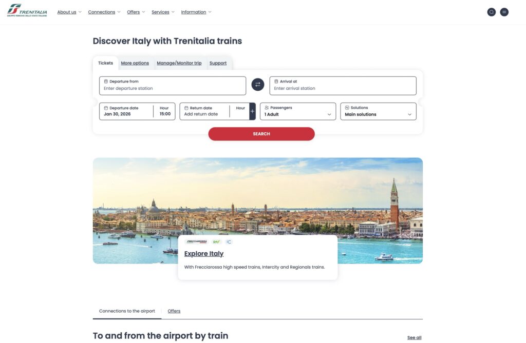 Trenitalia 公式サイトの見開き 